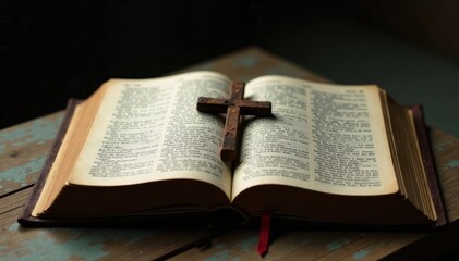 Obraz premium Weathered cross rests on aged Bible; dust motes dance in dim light , photography, hope