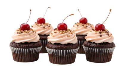 Chocolate cupcake with icing and cherry on top isolated on png