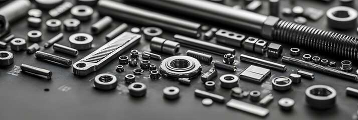 Fototapeta premium A close-up view of various metallic components and fasteners arranged on a dark surface, showcasing intricate details and textures.