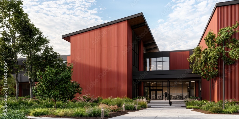 Poster A modern building with a striking red facade, surrounded by lush greenery and featuring large windows that invite natural light.