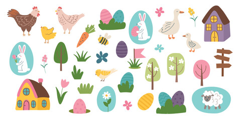 Set of Easter cliparts isolated on white background. Easter objects. Easter concept elements. Vector hand drawn illustration.