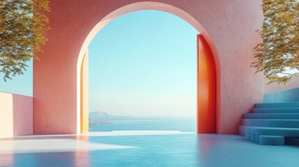 Fototapeta premium Bright blue sky meets a clean green meadow through a grand orange-framed arch doorway, inviting viewers into a tranquil scene