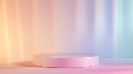 74.A sleek circular podium in light pastel shades of pink, blue, and yellow, placed in front of a soft gradient background. The scene features clean lines and smooth lighting for a fresh and modern