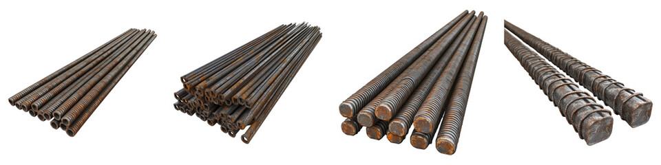 Iron construction bars isolated on transparent background, PNG, Set of