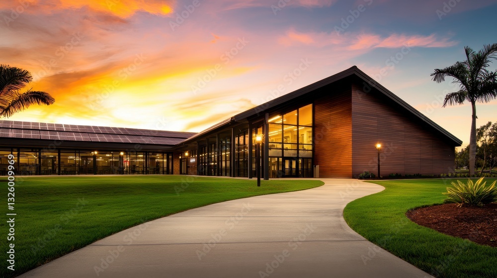 Poster A modern building with large windows, set against a vibrant sunset, surrounded by green grass and palm trees, creating a serene and inviting atmosphere.