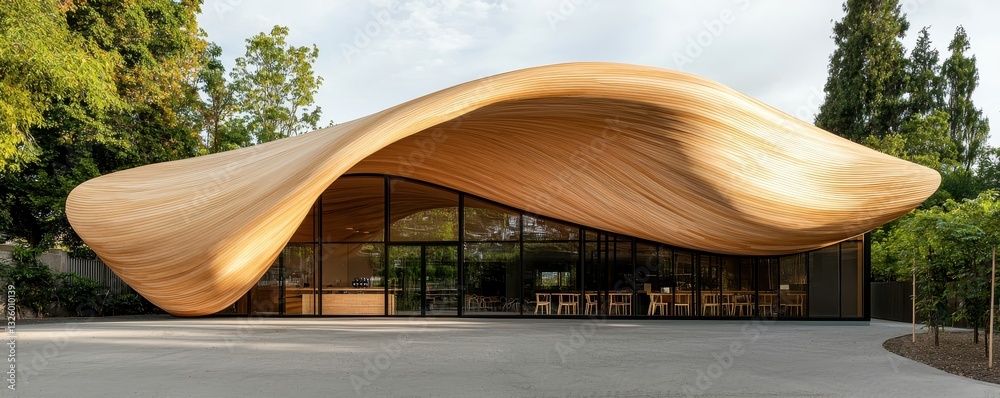 Poster a modern building with a flowing wooden roof design, surrounded by greenery, showcasing innovative a