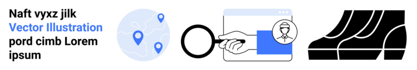 Obraz premium Navigation map pins, magnifying glass examining a timer, and black stair steps. Ideal for technology, research, productivity, innovation, exploration, process optimization flat landing page banner