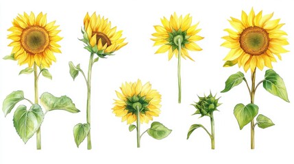 105.A collection of sunflower illustrations showcasing different growth stages, from buds to full bloom. The set features hand-drawn details with bold outlines and soft watercolor effects in sunny
