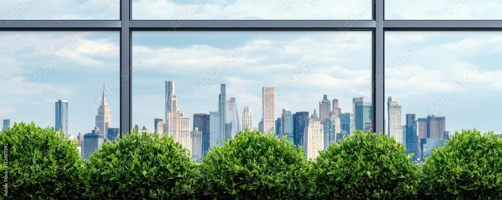Poster a lush green view framed by a modern window showcases a vibrant city skyline under a partly cloudy s