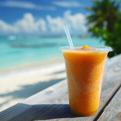 mango smoothie in clear plastic cup with straw, summer vacation drink