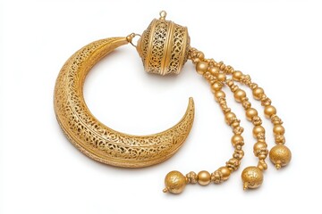 Gold lantern, crescent moon, quran, prayer beads on white background.