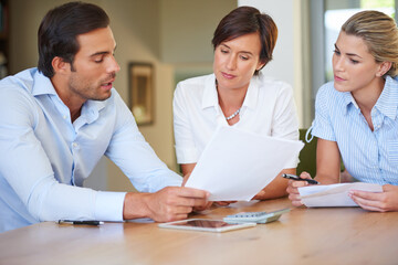 Obraz premium Office, teamwork and business people with documents for bookkeeping, tax report and investment review. Collaboration, accountants and manager with discussion for financial paper, auditing and meeting