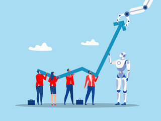 Team Business and robot or ai Artificial Intelligence help grow rising arrow chart partnership to develop Growth strategy or improve work efficiency concept