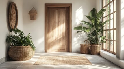 Sunlit entryway with plants, wicker baskets, and wooden door.  Home decor inspiration