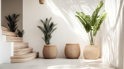 Modern staircase with potted plants, bright interior.  Use Stock photo for home design