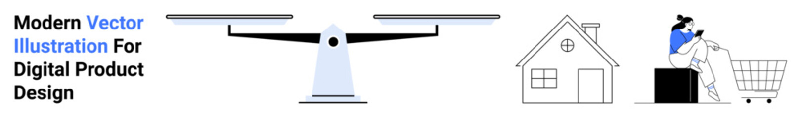 Seesaw balancing between home and digital shopping, showcasing life equilibrium and convenience. Ideal for e-commerce, home lifestyle, online shopping, balance, minimalism, modern design, flat