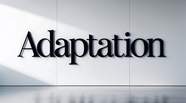 Large black typography of the word adaptation displayed on a minimalist white wall