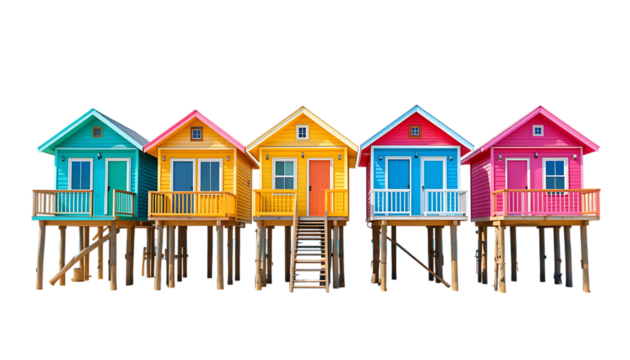 Colorful beach houses with stilts vibrant tropical theme isolated on png