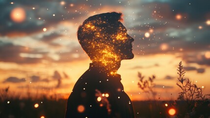 Conceptual portrayal of a glowing man against a colorful sunset background in an expansive field