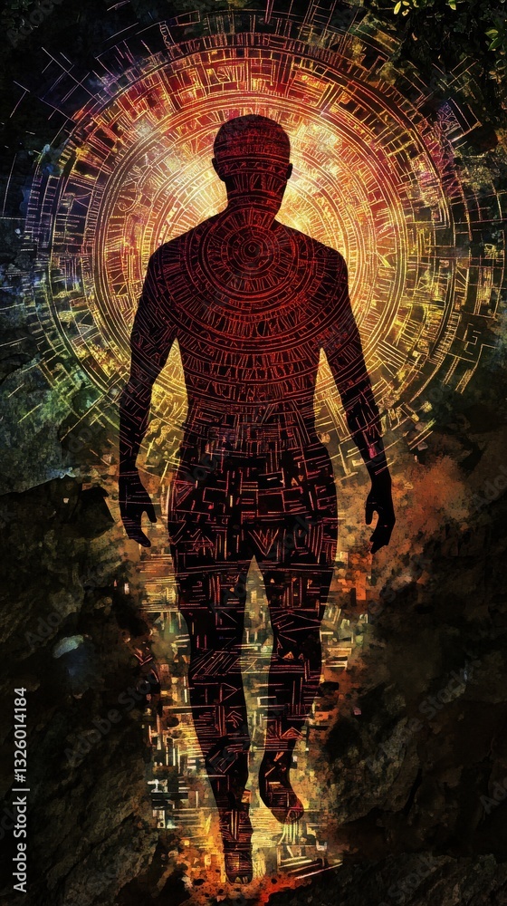 Leinwandbilder Man emits a radiant glow while surrounded by intricate patterns in a mystical forest setting at dusk