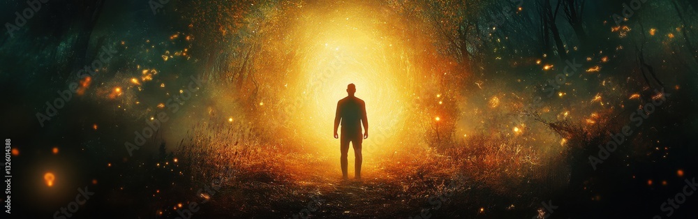 Aufkleber glowing man stands in an enchanting forest, surrounded by a luminous aura at twilight