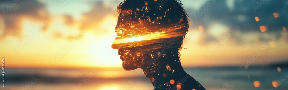 Aufkleber man emanating light against a glowing sunset with ocean reflections in a conceptual fusion of nature