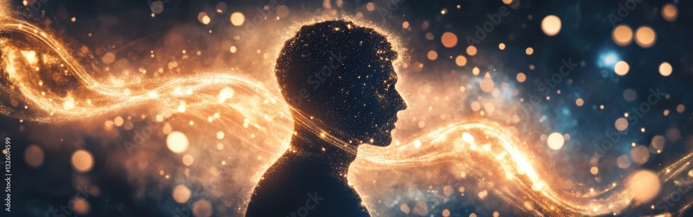 Poster man emanating a mesmerizing glow in an ethereal setting filled with vibrant lights and swirling part