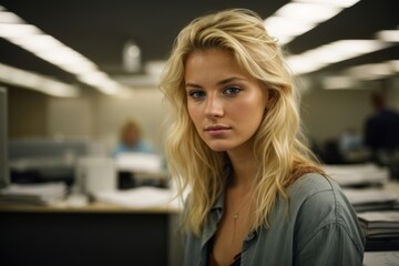 Young professional woman working in a modern office, corporate work environment, focused businesswoman at her desk  
