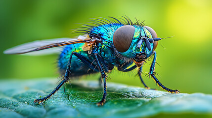 Closeup of a vibrant iridescent bluegreen fly perched on a leaf.  Its intricate details and striking colors make it perfect for nature, science, or macro photography projects.