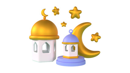 3d model of Ramadan mosque lantern and moon