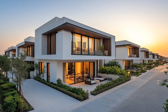 Row of modern minimalist townhouses with white walls and wooden accents in Dubai at sunrise. Large windows and greenery add elegance and tranquility.