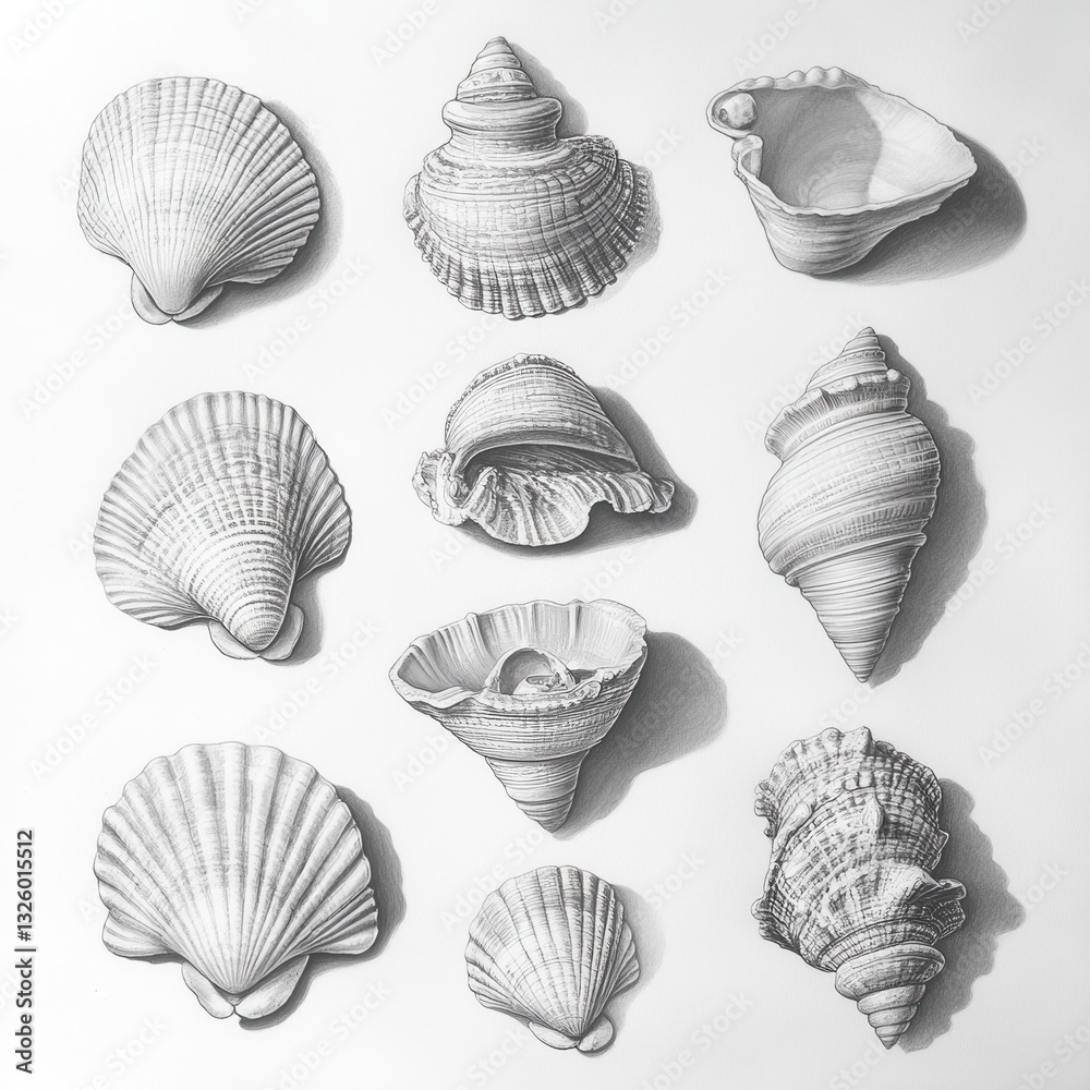 Poster collection of neatly arranged seashells showcasing diverse shapes and textures found along coastal s
