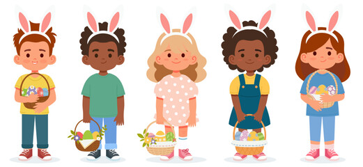 A group of boys and girls of different races wearing bunny ears with Easter baskets full of colored eggs. Joyful Easter egg hunt during holiday festivities. Vector illustration, character design for
