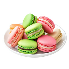 Obraz premium Colorful macarons on a white plate against a transparent background. Concept of sweets, dessert, and bakery.