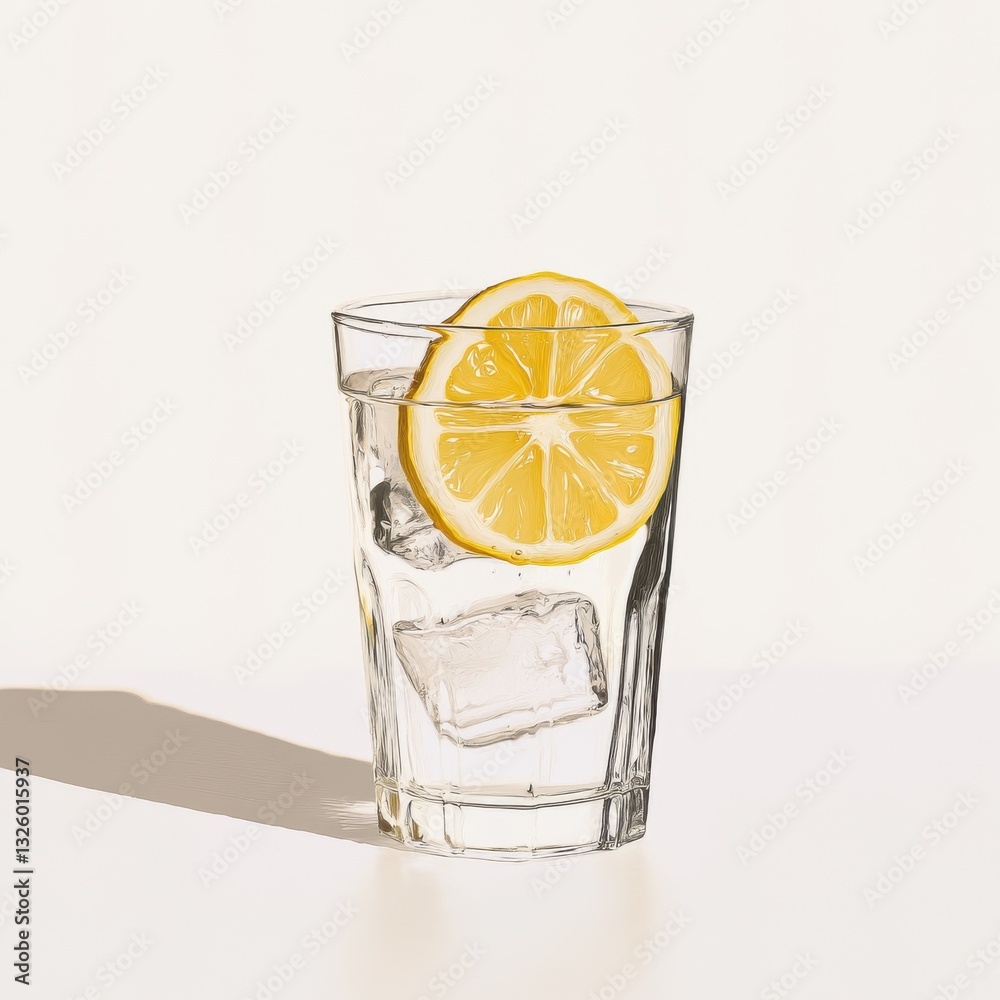 Poster refreshing iced lemonade served in a clear glass with ice and a lemon slice for a cool summer drink