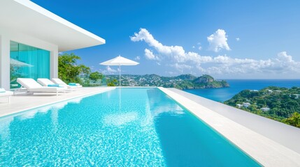Fototapeta premium Luxury Infinity Pools Infinity pool overlooking a breathtaking ocean view, with luxurious lounge chairs and umbrellas, creating a sense of exclusivity and tranquility.