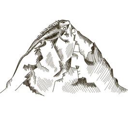 Word "Ridge" is drawn. The letters depict the chameleon ridge, which merges with the mountain. The vector illustration isolated in black on a white background.