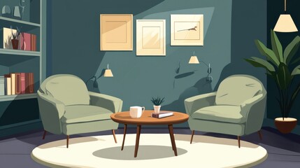 Cozy classic sitting room design featuring twin armchairs, a round coffee table, and warm lighting in a serene atmosphere