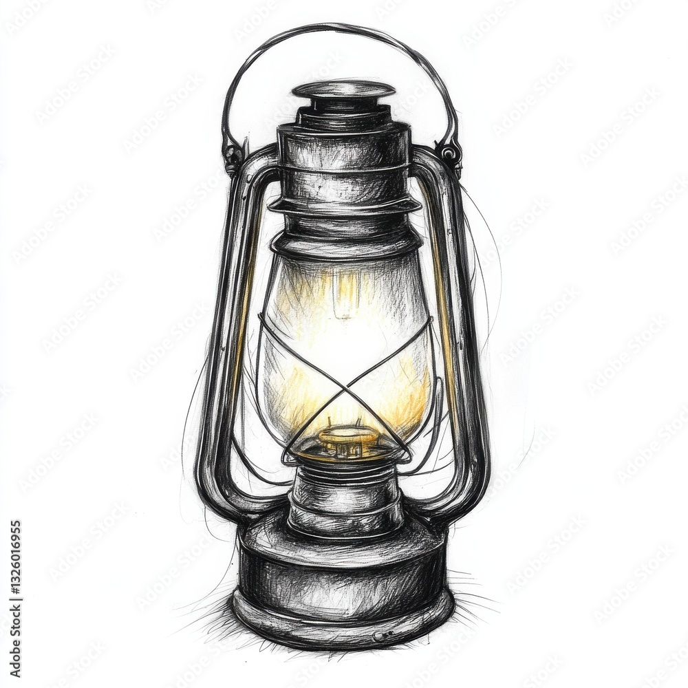 Poster camp lantern emits warm glow in a rustic outdoor setting during evening hours