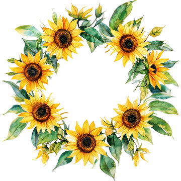watercolor sunflowers wreath, yellow flowers, green leaves clip art preview