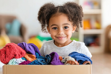 Fototapeta premium Smiling child with curly hair holding box of colorful clothes in bright room setting - family togetherness and joyous childhood moments