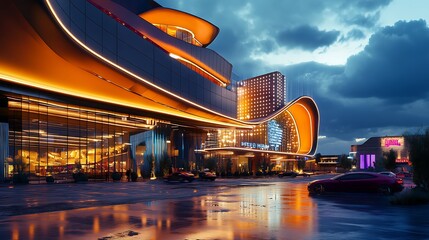 Fototapeta premium Fire station and fire truck on wet street at evening high resolution picture