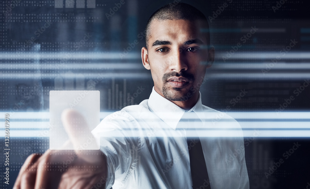 Poster businessman, touch or interaction with finger on hud for futuristic engagement or user experience on
