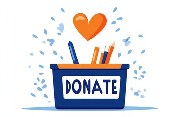 Modern donation box icon with heart and stationery for charity campaigns and fundraising design