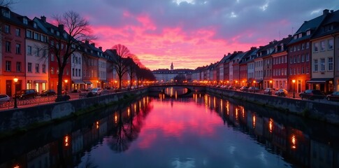 Colorful reflections in Stuttgart downtown at dusk, architecture, city lights