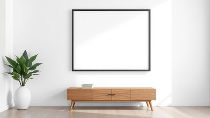 Fototapeta premium A modern office wall art mockup featuring a sleek black frame against a white background, background, white, modern