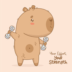 Cute Capybara sportsman Training with dumbbells. Athlete kawaii animal with motivational quote. Vector illustration