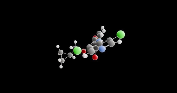 Roflumilast molecule, rotating 3D model of anti-inflammatory, looped video on a black background
