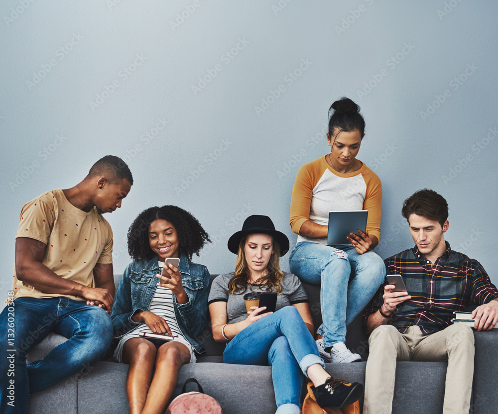 Poster browsing, smartphone and group with tech, web and smile for communication on break, space and tablet