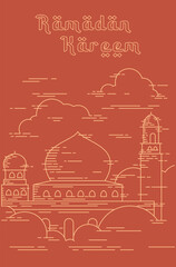 Mosque line art drawing for Ramadan Kareem poster with monochrome color